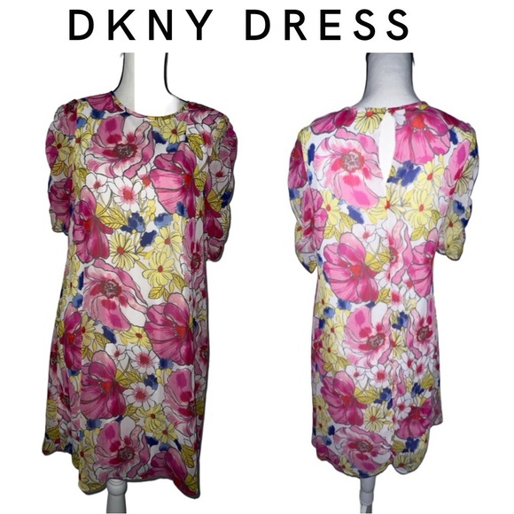 Dkny Floral Printed Flutter-puff Sleeve Fit & Flare Dress Size 8 Pink Dressy - Picture 1 of 10